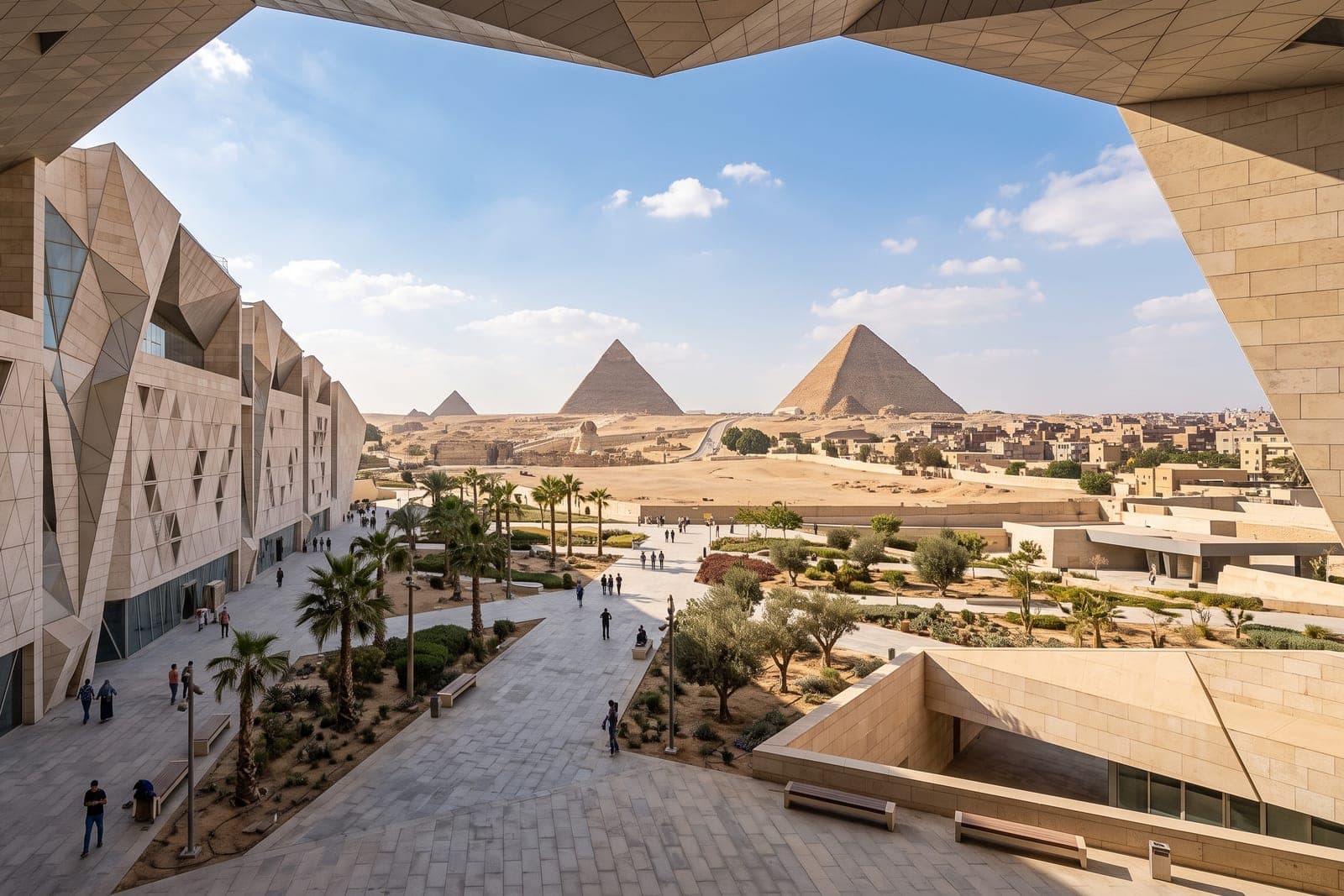 Les pyramides de Gizeh et le Sphinx vus depuis la terrasse du Grand Musée Égyptien