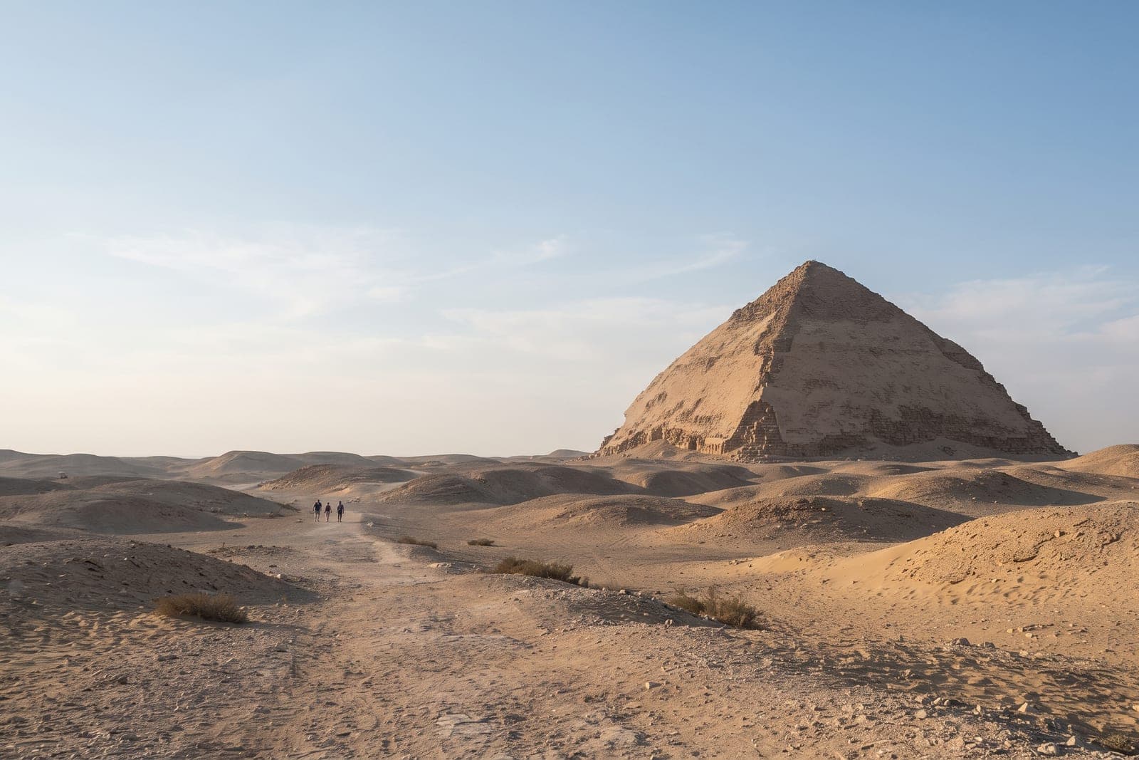Vue large des pyramides de Gizeh depuis le désert en fin de matinée