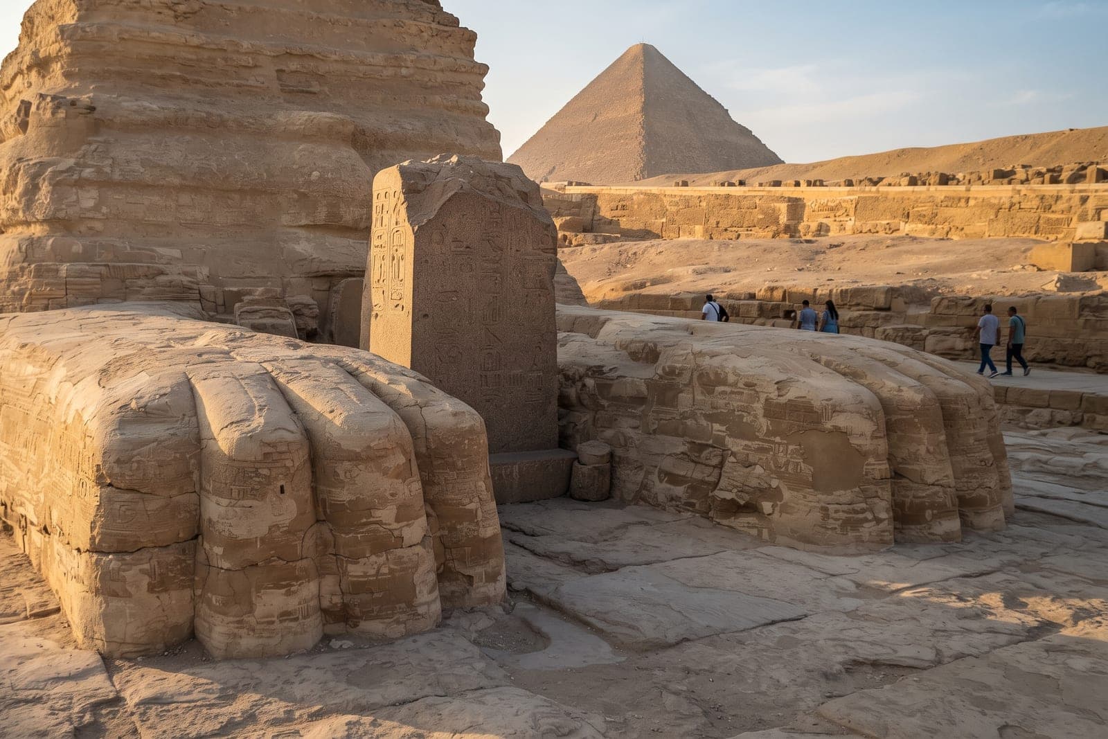 Le Grand Sphinx de Gizeh vu de face avec la pyramide de Khéphren en arrière-plan