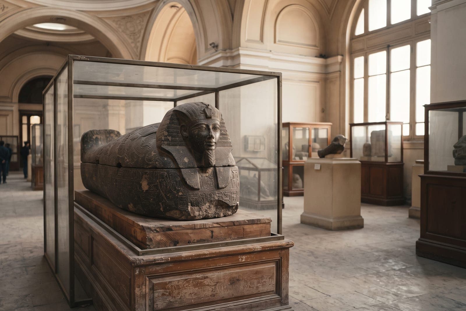 Sarcophages et statues antiques exposés dans les salles du Musée égyptien du Caire